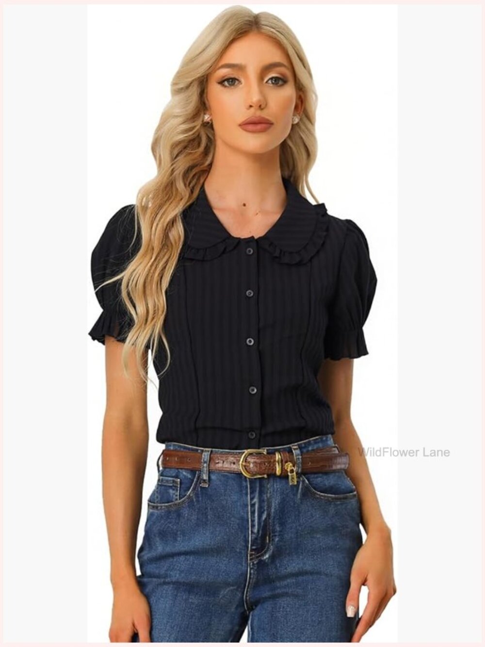 Peter Pan Collar Short Sleeve Button Down Blouse Cotton Work Top